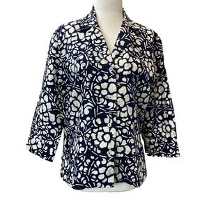 Ellen Tracy Womens‎ Jacket Large White Blue Flowers Linen Casual Costal Cocktail